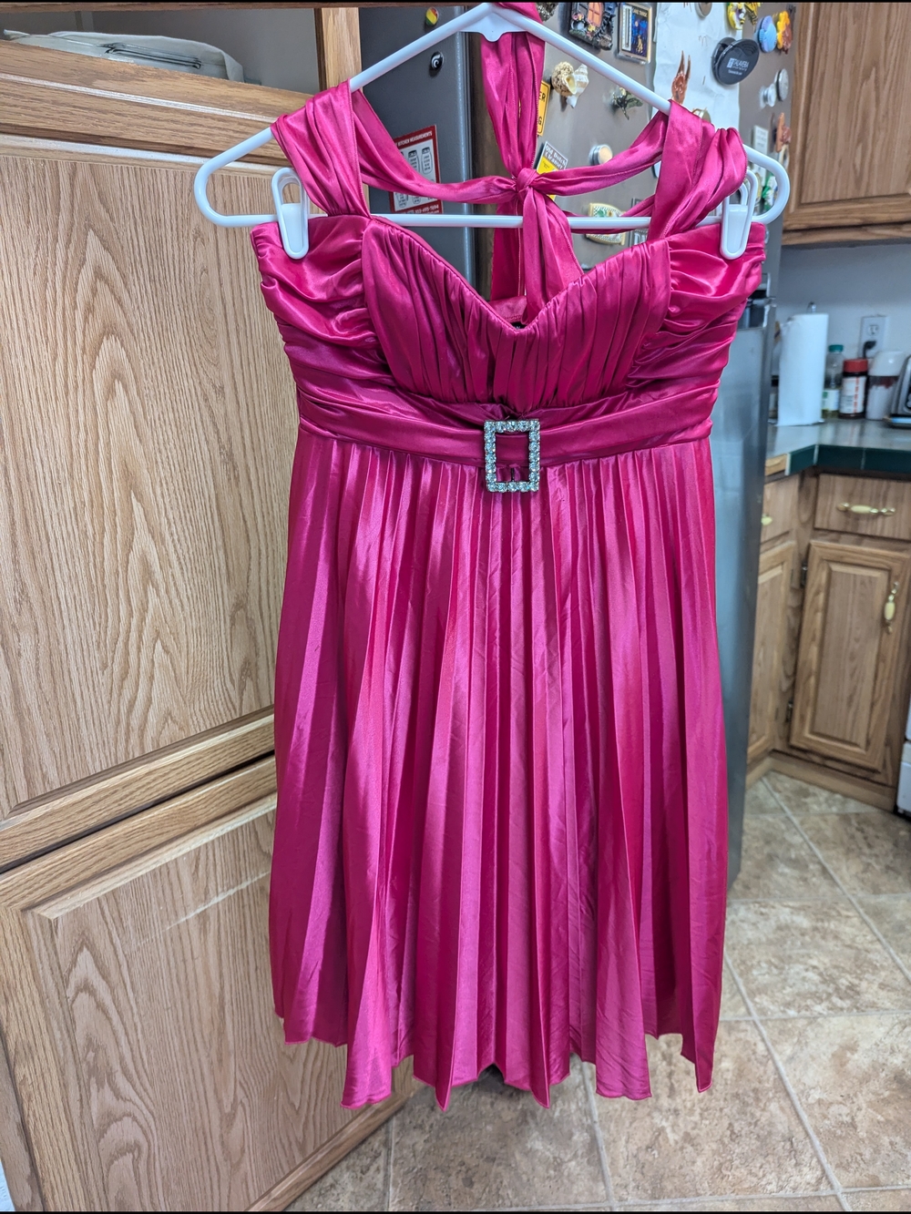 B Darlin Hot Pink Satin Party Dress with Rhinestone Buckle